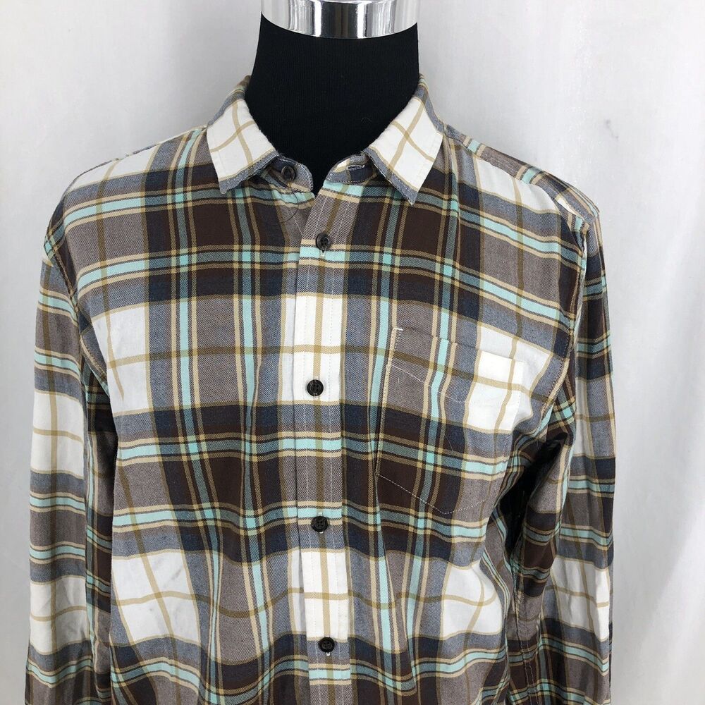 prAna Shayne Brown Blue White Plaid Organic Cotton Flannel Shirt M21181342 Large